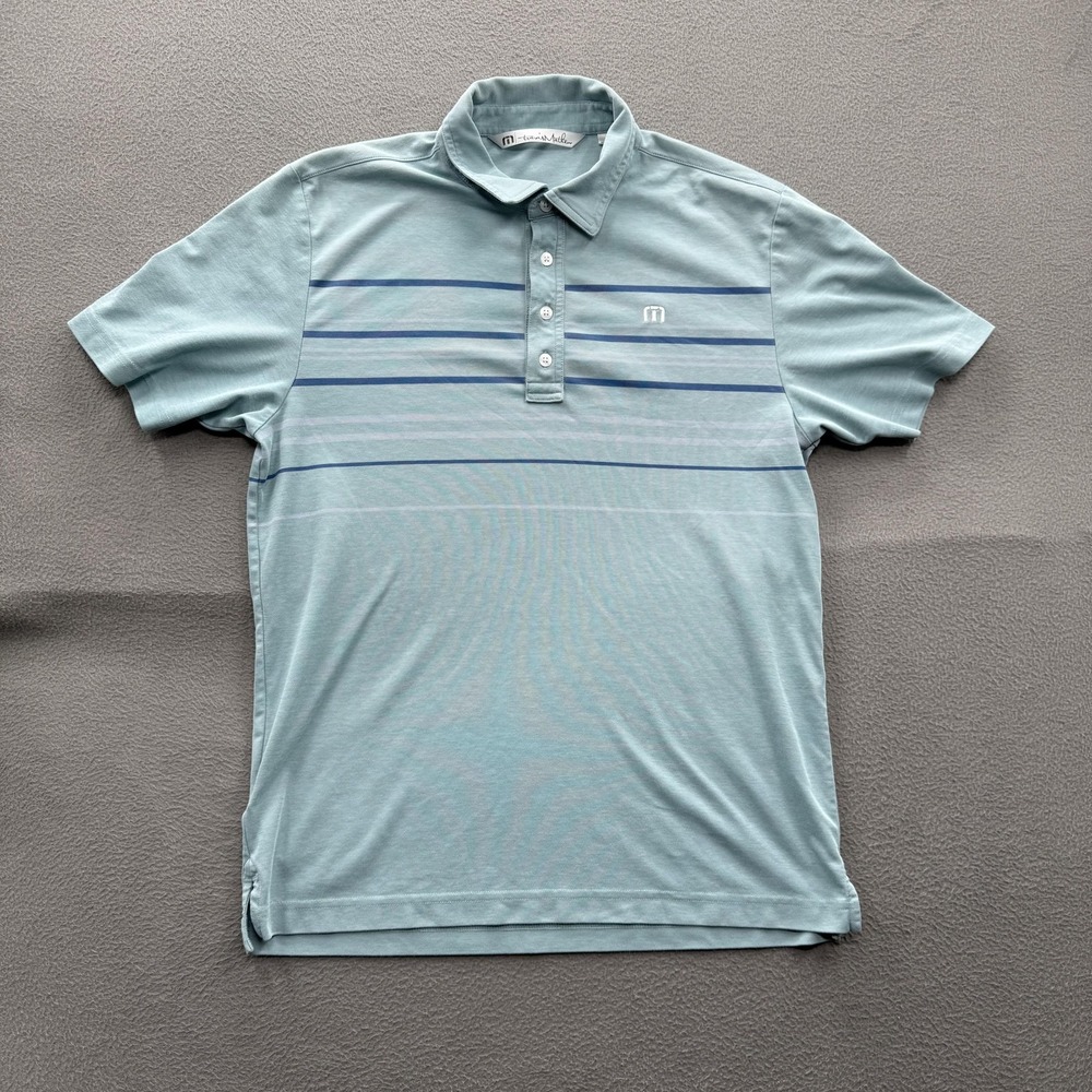 TravisMathew Polo Shirt Mens Medium Blue Striped Pima Cotton Golf Performance